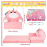Toddler Couch Comfy Baby Sofa with Blanket Christmas Unicorn Kids Couch Fold Out Soft Toddler Chair for Boys Girls, Convertible Sofa Baby Chair to Lounger for Reading Playing, Pink