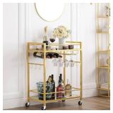TUTOTAK Bar Cart, Serving Cart for Home, Drink Cart, Mobile Kitchen Shelf with Wine Rack and Glass Holder, Rolling Beverage Cart, Gold BC01BB031