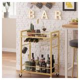 TUTOTAK Bar Cart, Serving Cart for Home, Drink Cart, Mobile Kitchen Shelf with Wine Rack and Glass Holder, Rolling Beverage Cart, Gold BC01BB031