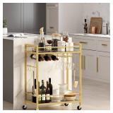 TUTOTAK Bar Cart, Serving Cart for Home, Drink Cart, Mobile Kitchen Shelf with Wine Rack and Glass Holder, Rolling Beverage Cart, Gold BC01BB031