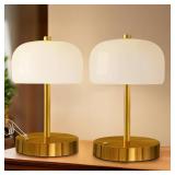 Oneach 9" Cordless Table Lamps Set of 2, Gold Rechargeable Battery Operated Lamp, 3-Way Stepless Dimming Touch Mushroom Lamps, Small Glass Nightlight for Bedroom Dining Table Living Room Shelf Decor