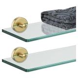JQK Bathroom Glass Shelf Gold, Tempered Glass Shower Storage 16 by 5 inches, 304 Stainless Steel Brushed Gold Wall Mount 2 Pack, TGS101L16-BG-P2
