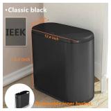 IEEK Plastic Trash Can with Press Top Lid,3.2 Gallon /12 Liter Garbage Can,Black Modern Waste Basket Thin Trash Cans for Bathroom,Kitchen,Living Room,Office and Narrow Spaces