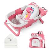 MoreFeel Collapsible Baby Bathtub for Newborn with Thermometer & 1 Hooded Towel & 1 Soft Floating Cushion,Portable Travel Bathtub with Drain Hole, Durable Foldable Baby Tubs for Infants to Toddler
