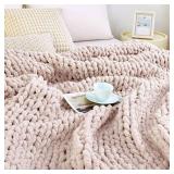 Admitrack Chunky Knit Blanket Throw, 100% Hand Knit Chenille Throw Blanket for Sofa & Home Decor, Soft and Cozy Knitted Throw Blankets (Pink 51"x63")