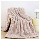 Admitrack Chunky Knit Blanket Throw, 100% Hand Knit Chenille Throw Blanket for Sofa & Home Decor, Soft and Cozy Knitted Throw Blankets (Pink 51"x63")