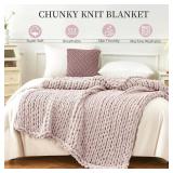 Admitrack Chunky Knit Blanket Throw, 100% Hand Knit Chenille Throw Blanket for Sofa & Home Decor, Soft and Cozy Knitted Throw Blankets (Pink 51"x63")