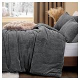 Flannel Fleece Queen Comforter Set - Furry Grey Leaves Pattern Faux Fur Bed Set, Winter Ultra Soft Fuzzy Comfort Set, Velvet Bedding Set for Bed with 2 Pillow Cases