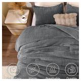 Flannel Fleece Queen Comforter Set - Furry Grey Leaves Pattern Faux Fur Bed Set, Winter Ultra Soft Fuzzy Comfort Set, Velvet Bedding Set for Bed with 2 Pillow Cases