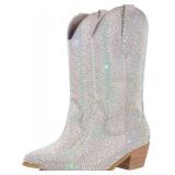 Richealnana Sparkly Rhinestones Cowboy Cowgirl Style Boots Calf High Boots for Women 2INCH Heeled Shining Pull On Tabs