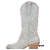 Richealnana Sparkly Rhinestones Cowboy Cowgirl Style Boots Calf High Boots for Women 2INCH Heeled Shining Pull On Tabs