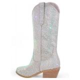 Richealnana Sparkly Rhinestones Cowboy Cowgirl Style Boots Calf High Boots for Women 2INCH Heeled Shining Pull On Tabs