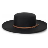 Wide Brim Panama Fedora Hat - Warm Felt Flat Top Pork Pie Cap for Women Men (Size:M/L)