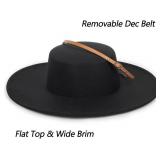 Wide Brim Panama Fedora Hat - Warm Felt Flat Top Pork Pie Cap for Women Men (Size:M/L)