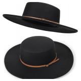 Wide Brim Panama Fedora Hat - Warm Felt Flat Top Pork Pie Cap for Women Men (Size:M/L)