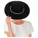UTOWO Women Fedora-Hat Wide-Brim Felt Hat with Rhinestone Wedding Elegant Floppy Felt Hat Small Black