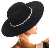 UTOWO Women Fedora-Hat Wide-Brim Felt Hat with Rhinestone Wedding Elegant Floppy Felt Hat Small Black