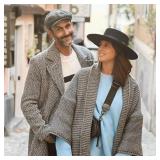 Women 3.75in-Large-Brim Felt-Fedora-Hat Flat-Top Derby-Cap Pork-Pie Boater-Hat Flat-Brim Church-Hat Wedding-Party Size:S/M