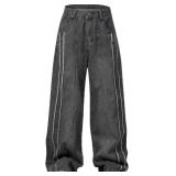 Aelfric Eden Mens Jeans Fringe Line Wide Leg Vintage Jean Y2k Hip Hop Baggy Trousers Unisex Streetwear Casual Denim Pants Size 30