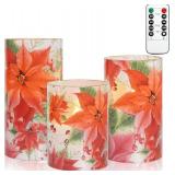 Poinsettia Christmas Flameless Candles with Remote & Timer Red Christmas Flower Decorative LED Candles for Home Bedroom Xmas Party Holiday Decor Set of 3