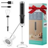 HAUSHOF Powerful Rechargeable Milk Frother Wand with Stand, Handheld Electric Foam Maker, Drink Mixer with 2 Detachable Stainless Steel Whisks 2 Speeds for Coffee Latte, Cappuccino, Matcha, Black