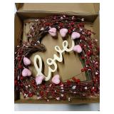 Valentines Day Wreaths for Front Door,14 Inches Artificial Red Pink Berries Valentine Heart Shaped Wreath Decor with Love Wooden Sign,Valentine Heart Wreath for Window Home Indoor,Outdoor