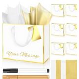 ReliThick 6 Pack Metallic Paper Gift Bag with Handles Tissue Paper Gold Tag Pen Thank You Favor Bag for Wedding Party Bridesmaid Bridesman 5 Senses Anniversary Birthday Favor(White Gold)