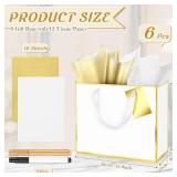 ReliThick 6 Pack Metallic Paper Gift Bag with Handles Tissue Paper Gold Tag Pen Thank You Favor Bag for Wedding Party Bridesmaid Bridesman 5 Senses Anniversary Birthday Favor(White Gold)