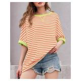 Tankaneo Womens Oversized Striped Tee Shirt Summer Casual Color Block Half Sleeve Crew Neck Tunic Tops