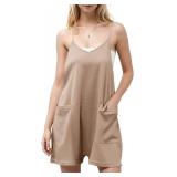 Rompers for Women Summer Casual Waffle Knit Loose Sleeveless Shorts Romper Spaghetti Strap Jumpsuit with Pockets 2024, Medium, Latte