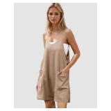 Rompers for Women Summer Casual Waffle Knit Loose Sleeveless Shorts Romper Spaghetti Strap Jumpsuit with Pockets 2024, Medium, Latte