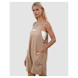 Rompers for Women Summer Casual Waffle Knit Loose Sleeveless Shorts Romper Spaghetti Strap Jumpsuit with Pockets 2024, Medium, Latte