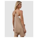 Rompers for Women Summer Casual Waffle Knit Loose Sleeveless Shorts Romper Spaghetti Strap Jumpsuit with Pockets 2024, Medium, Latte