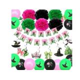 CAVETEE Pink and Green Party Decorations Setï¼Witch and Princess Happy Birthday Balloons, Pom Poms, Happy Birthday Banner, Hanging Swirls for Birthday Party