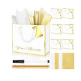 ReliThick 6 Pack Metallic Paper Gift Bag with Handles Tissue Paper Gold Tag Pen Thank You Favor Bag for Wedding Party Bridesmaid Bridesman 5 Senses Anniversary Birthday Favor(White Gold)