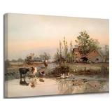 HLEOXPY Framed American Farm 90s Canvas Wall Art Retro Country Cows Farmhouse Barn Landscape Watercolor Painting Picture Wall Decor Poster Print Artwork for Living Room Office Bedroom Home Decoration