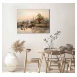 HLEOXPY Framed American Farm 90s Canvas Wall Art Retro Country Cows Farmhouse Barn Landscape Watercolor Painting Picture Wall Decor Poster Print Artwork for Living Room Office Bedroom Home Decoration