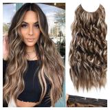 Invisible Wire Hair Extensions - 24 Inch Secret Halo with Adjustable 4 Clips Soft Transparent Lace Ash Blonde Mixed Light Blonde Natural Long Wavy Hair Extensions for Women