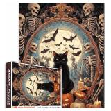 Spooky Night Jigsaw Puzzle 1000 Pieces for Adult,Families(Skeleton,Skull Man,Black Cat,Bat,Mirror Full Moon) Pieces Fit Together Perfectly 19.7
