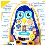 Toddler Busy Board, Large Montessori Busy Board for Toddlers, Sensory Board, Baby Busy Board for Toddlers, Wooden Activity Boards (Penguin)