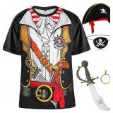 Sintege 5 Pcs Pirate Costume Set with Pirate T-Shirt,Hat, Eye Patch Earrings,Knife for Halloween Masquerade Cosplay