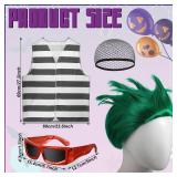 9 Pcs Halloween Monster Couple Costume Include Green Wig, Striped Vest, Glasses, Green Rhinestones Headband, Hair Chain, Gold Earrings, Arm Cuff, Sleeve, Leg Rave for Halloween Anime Character Cosplay