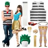 9 Pcs Halloween Monster Couple Costume Include Green Wig, Striped Vest, Glasses, Green Rhinestones Headband, Hair Chain, Gold Earrings, Arm Cuff, Sleeve, Leg Rave for Halloween Anime Character Cosplay