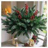 Ivydale 15Pcs Faux Pine Branches Norfolk Stem for Christmas Decoration, Artificial Greenery Plants Pine Needles with Red Berries for Table DIY Home Winter Indoor Vase Real Touch Christmas Decorations
