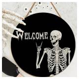 Halloween Decorations Wreath Halloween Skull Welcome Door Sign Front for Door Decoration, Rustic Wooden Holiday Decor for Front Door Porch Window Wall Farmhouse Indoor Outdoor