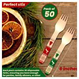 Perfect Stix Wooden Disposable Forks with Christmas Design. Pack of 50 Count. Colors are Red and Green. 6 Inch Printed Wooden Forks( 2)