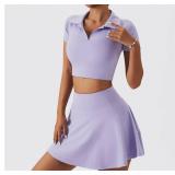 2 Piece Tennis Dress for Women High Waist Pleated Tennis Skirt with Shorts Short Sleeve Crop Golf Workout Skirts Sets XL