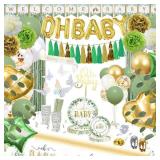 223Pcs Sage Green Baby Shower Decorations,"OH BABY" Banner, Balloon, Sash, Cake Topper for 25 Guests,Neutral Baby Shower Decor Supplies- Disposable Dinnerware Set With Eucalyptus Leaf