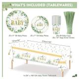 223Pcs Sage Green Baby Shower Decorations,"OH BABY" Banner, Balloon, Sash, Cake Topper for 25 Guests,Neutral Baby Shower Decor Supplies- Disposable Dinnerware Set With Eucalyptus Leaf