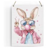 Funny Easter Bunny Coquette Decor Happy Easter Wall Decor Pink Bunny Bow Decor Easter Front Door Decor, Easter Girl Gift Wooden Sign Wall Art Decor for Farmhouse Home Porch Bedroom Living Room Office